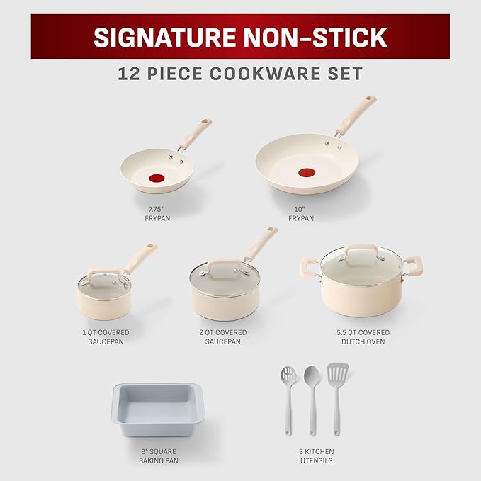 T-fal Signature Nonstick 12 Piece Cookware Set, Oven Safe Up to 350°F, Dishwasher Safe, Pots and Pans Set, Includes Frying Pans, Saucepan, Stockpot, Cooking Utensils, Cream - Image 2