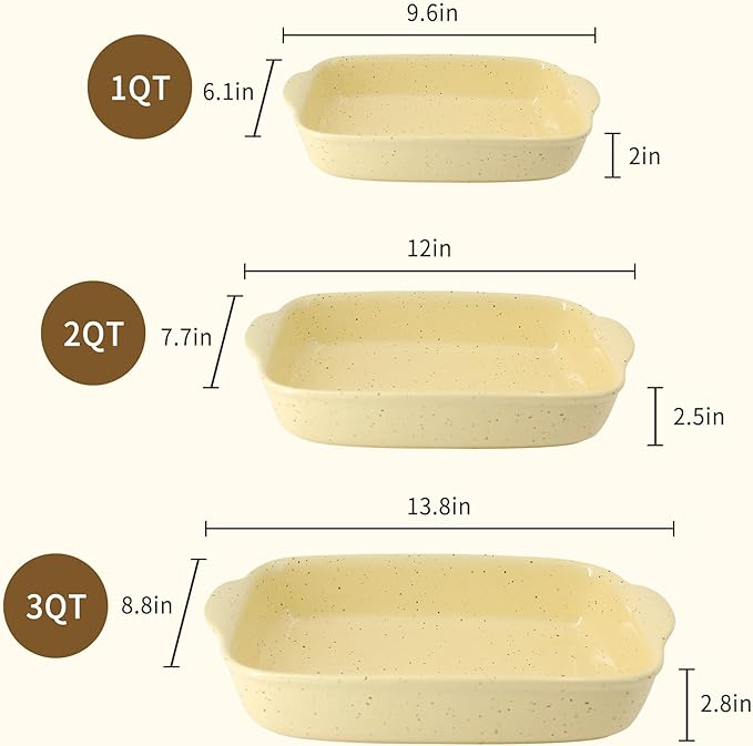 Casserole Dish Set of 3,Lasagna Pan,Ceramic Bakeware for Oven,Rectangular Baking Dishes with Handles,High Heat Resistant,Colorful Speckle Stoneware Series (13.8''/12''/9.6''Yellow) - Image 2