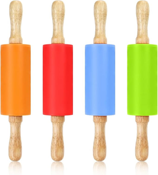 4 Pack Mini Rolling Pin for Kids, 9 Inch Wooden Handle Rolling Pin Non-Stick Silicone Rolling Pins for Children Cake Baking by Faxco