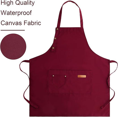 Apron for Men Women with Adjustable Straps and Large Pockets, Canvas Cotton Cooking Kitchen Chef Bib Aprons Waterproof Red