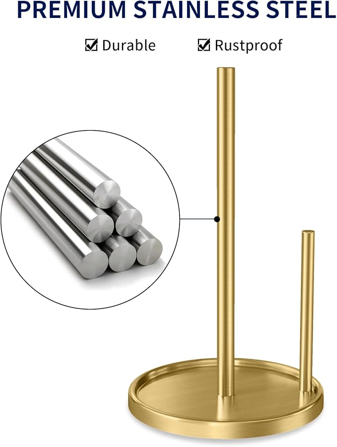 Jesginboo Paper Towel Holder Countertop, Gold Kitchen Paper Towels Holder, Paper Roll Holder with Weighted Base - Image 4