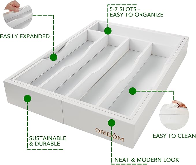 Expandable Bamboo Kitchen Drawer Organizer for Cutlery and Utensils, Adjustable Bamboo Wood Cutlery Tray in Drawer for Flatware and Silverware in Kitchen, (White) - Image 3
