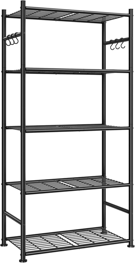 Sakugi Storage Shelves - 5-Tier Large Capacity Shelf Organizer with Hooks, Heavy-Duty Garage Shelving with Leveling Feet, Wobble-Free Rack for Bedroom, Balcony, Garage, 23.6"×13.7"×59", White by Sakugi