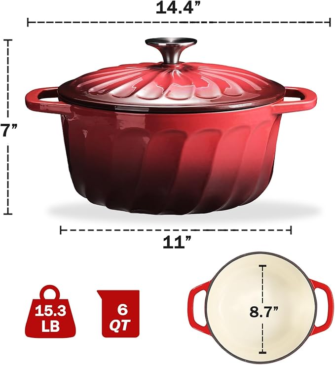 6 QT Enameled Cast Iron Dutch Oven with Lid, Non-Seasoning Enamel Coated Pot, 500°F Oven Safe, Dual Handles, Compatible with All Cooktops for Bread Baking, Braising & Stewing, White (Red,6 QT)