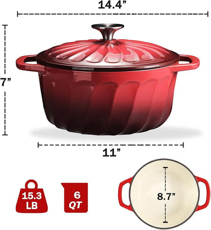 6 QT Enameled Cast Iron Dutch Oven with Lid, Non-Seasoning Enamel Coated Pot, 500°F Oven Safe, Dual Handles, Compatible with All Cooktops for Bread Baking, Braising & Stewing, White (Red,6 QT)