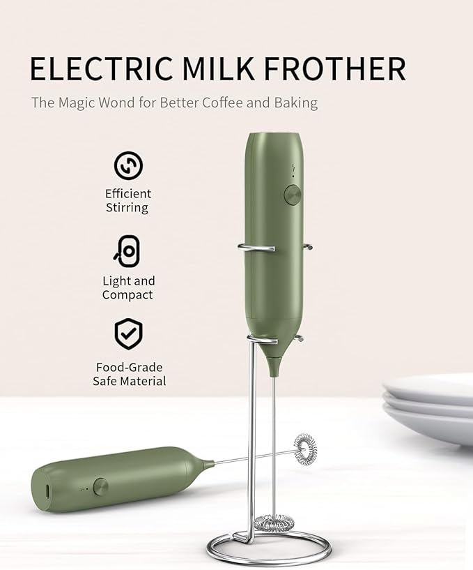 CIRCLE JOY Rechargeable Milk Frother Handheld with Stand, Coffee Frother Wand Drink Mixer with Dual Spring Whisk for Coffee, Cappuccino, Lattes, Frappe, Matcha and Hot Chocolate, Green - Image 2