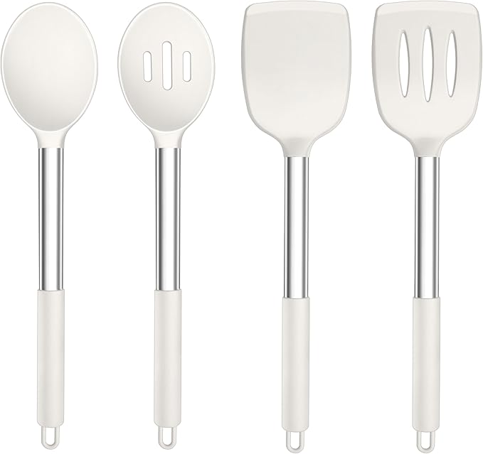 TeamFar Kitchen Utensils, 4 PCS Silicone Cooking Utensils with Stainless Steel Handle, for Nonstick Cookware Frying/Flipping/Draining, Non-toxic & Heat-proof, Non-scratch & Dishwasher Safe by TeamFar