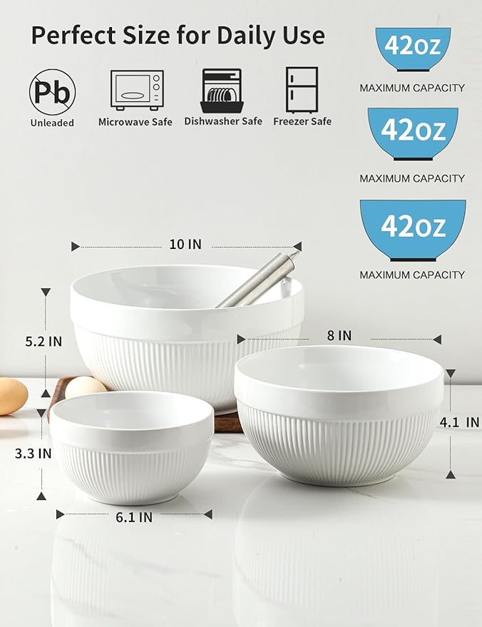 Large Ceramic Mixing Bowls, White Kitchen Bowls (1QT/2.3QT/4.6QT), Set of 3 Nesting Bowls for Baking, Cooking, Serving, Prepping, Dough Bread Making Bowl, Microwave and Dishwasher Safe - Image 2