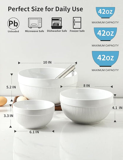 Large Ceramic Mixing Bowls, White Kitchen Bowls (1QT/2.3QT/4.6QT), Set of 3 Nesting Bowls for Baking, Cooking, Serving, Prepping, Dough Bread Making Bowl, Microwave and Dishwasher Safe - Image 2