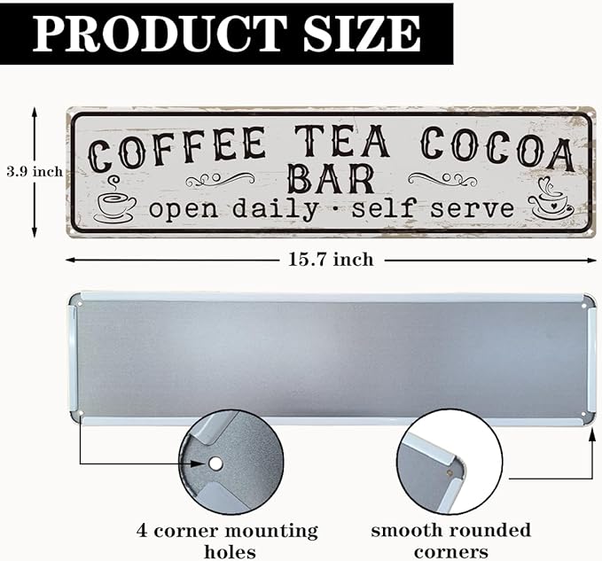 Coffee Signs for Wall, Coffee Tea Cocoa Bar Sign, Retro Metal Tin Sign, Vintage Coffees Bar Decor, Home Decor for Kitchen, Coffees Corner Decoration, Decorative Metal Wall Signs 15.8x4 Inches - Image 2