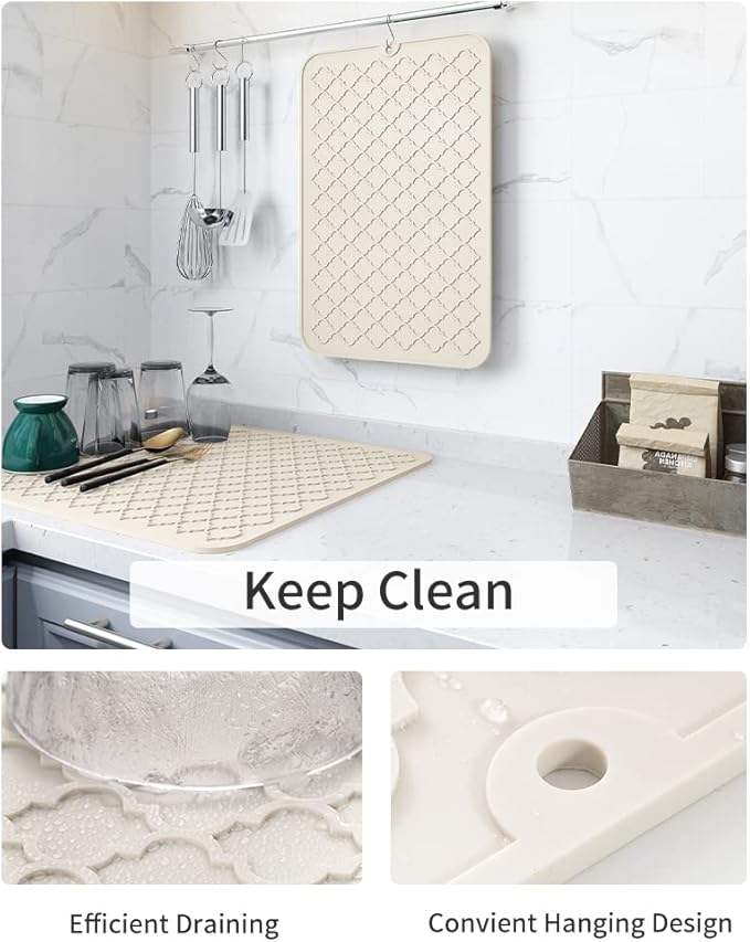 AMOAMI-Dish Drying Mats for Kitchen Counter-Silicone Dish Drying Mat-Kitchen Dish Drying Pad Heat Resistant Mat-Kitchen Gadgets Kitchen Accessories Kitchen Small Appliances(12" x 16", BEIGE) - Image 2