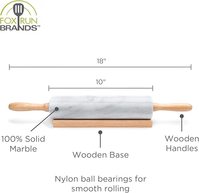 Fox Run Polished Marble Rolling Pin with Wooden Cradle, 10-Inch Barrel, White - Image 5