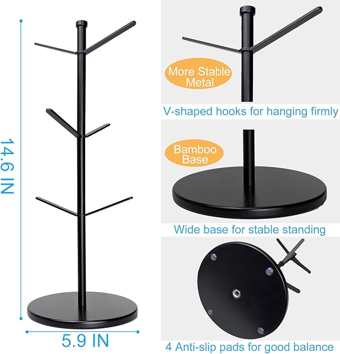 Premium Mug Tree, 6 Hooks Upgraded Stable Metal Mug Holder, Bamboo Base Coffee Mug Cup Rack for Counter Top, Mug Display, Home Storage and Cup Organizer, Black - Image 4