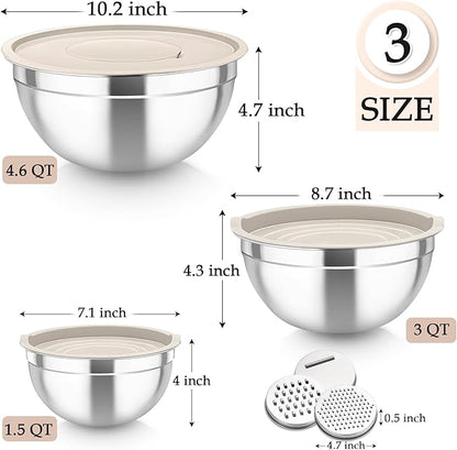 TeamFar Mixing Bowls, Stainless Steel Nesting Salad Bowls with Lids Set of 3 & 3 Grater Attachments, For Mixing/Serving/Storing, Non-toxic & Long-lasting, Size 4.6/3 / 1.5 QT, Khaki - Image 2