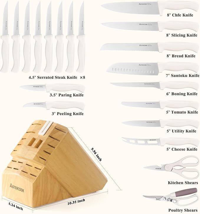 Knife Set, Astercook 22-Piece Kitchen Knife Set with Block & Built-in Sharpener, Ultra-Sharp High Carbon Stainless Steel Knives, Dishwasher Safe, Ergonomic Anti-slip Handle, Mothers Day Gifts