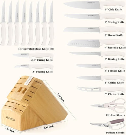 Knife Set, Astercook 22-Piece Kitchen Knife Set with Block & Built-in Sharpener, Ultra-Sharp High Carbon Stainless Steel Knives, Dishwasher Safe, Ergonomic Anti-slip Handle, Mothers Day Gifts