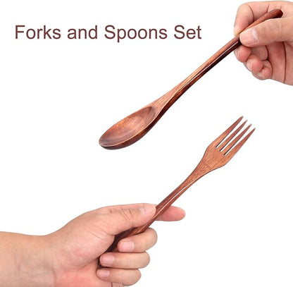 12 Pieces Wooden Forks and Spoons for Eating Utensil Set Lunch Wooden Cutlery Japanese Silverware Sets Flatware Reusable Bamboo Small Utensils Korean Mini Wooden Spoon Fork Set - Image 7
