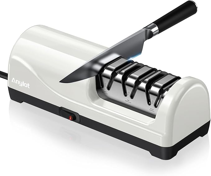 Kitchen Electric Knife Sharpener, 3-Stage Diamond Knife Sharpener Electric with 20° Precision Angle Guide, Fast & Safe Sharpening for Kitchen Knives, Home Use & Beginners (White) by Anylot