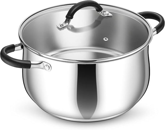 P&P CHEF Stainless Steel Stock Pot, 8 Qt Cooking Soup Pot with Visible Lid for Pasta, Tri-Ply Bottom & Dual Heatproof Handles, For Induction Gas All Stoves, Non-Toxic & Dishwasher Safe by PPCHEF