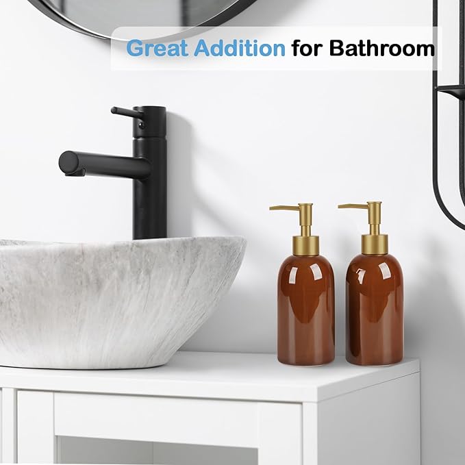 Natheeph 14OZ Ceramic Soap Dispenser Ceramic Soap Pump Dispenser Can Fill Liquid for Bathroom/Kitchen (2PC Brown) - Image 5