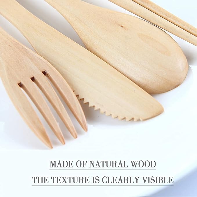 Wooden Cutlery Set Portable, Wooden Flatware,4 Piece Pack of Wooden Utensils Sets with Reusable Wood Spoon Chopsticks Fork Knife Cutlery Set for Travel and Camping - Image 7