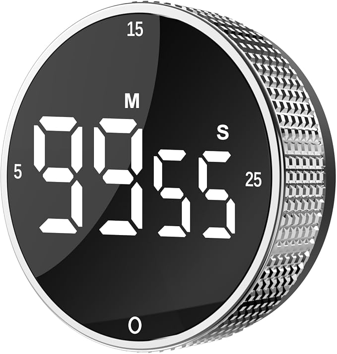 Upgrade Digital Kitchen Timer - Magnetic Countdown Countup Visual Pomodoro Timer with Large LED Display, 3-Preset Times (5, 15, 25), 3 Volume Levels, Ideal for Cooking, Baking and Fitness (1, Silver) by Junvil