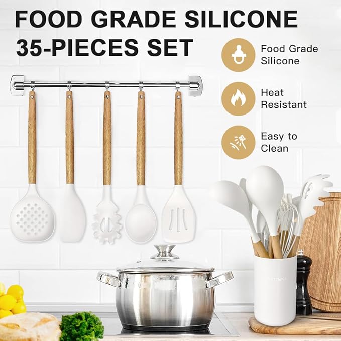 Cooking Utensils Set- 35 PCs Kitchen Utensils with Grater,Tongs, Spoon Spatula &Turner Made of Heat Resistant Food Grade Silicone and Wooden Handles Kitchen Gadgets Tools Set for Cookware - Image 3
