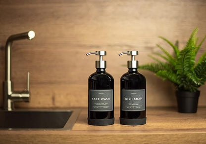 Hand and Dish Soap Dispenser for Kitchen and Bathroom, Set of 2 16 Oz Glass Bottles, Stainless Steel Pumps, Non-Slip Silicone Base, 27 Waterproof Labels (Gloss Black Bottle/Brushed Silver Pump) - Image 9
