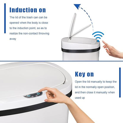 Kitchen Trash Can Office Bathroom Bedroom Waste Bin with Lid Automatic Sensor Touch Free Stainless Steel Garbage Can 13 Gallon / 50L,White - Image 5