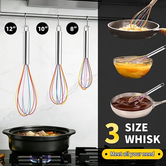 Silicone Whisk Set,Stainless Steel Handle Whisk 8" 10" 12" Rubber Whisks Cooking Non Scratch High Heat Resistant,Balloon Egg Beater for Whisking,Beating,Blending Ingredients,Mixing Sauces,Rainbow - Image 7