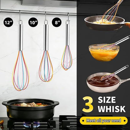 Silicone Whisk Set,Stainless Steel Handle Whisk 8" 10" 12" Rubber Whisks Cooking Non Scratch High Heat Resistant,Balloon Egg Beater for Whisking,Beating,Blending Ingredients,Mixing Sauces,Rainbow - Image 7