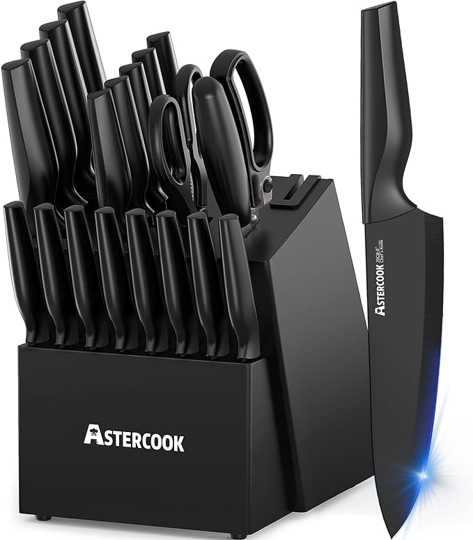 Knife Set, Astercook 21 Pieces Knife Sets for Kitchen with Block, Dishwasher Safe Kitchen Knife Set with Built-in Sharpener, German Stainless Steel Black Knife Block Set Mothers Day Gifts by Astercook
