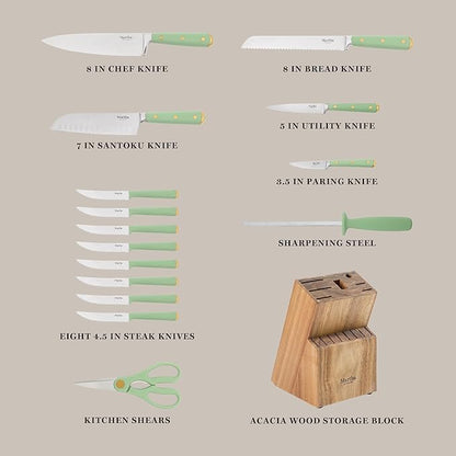 Martha Stewart 16-Piece Lockton High Carbon Stainless Steel Knife Block Set - Forged Full Tang Chef Knives, Acacia Wood Block, Triple Riveted Handles, Sage Green & Gold - Image 3