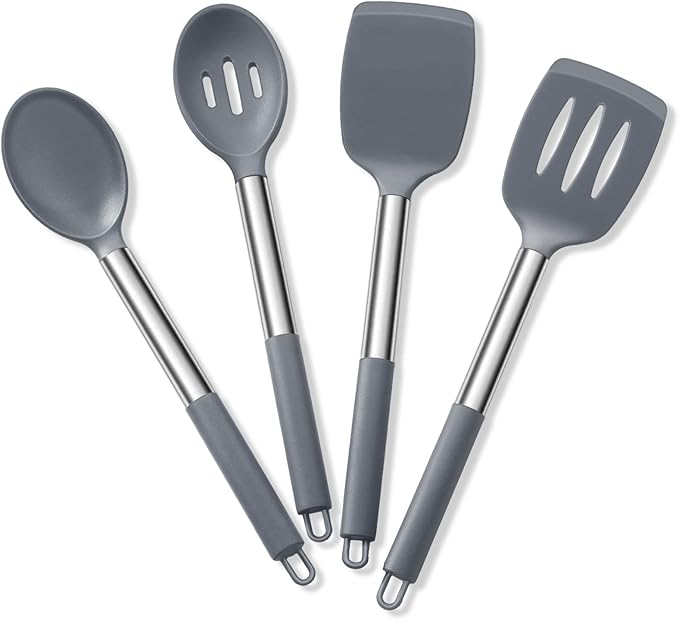 Cooking Utensils Set of 4, E-far Silicone Kitchen Utensils for Non-stick Cookware, Heat Resistant & Non-toxic Slotted Spatula Solid Spoon Turner for Flipping Mixing Serving Basting(Grey) by E-far