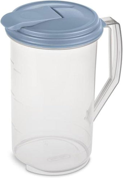 Sterilite 2 Quart Clear Round Plastic Pitcher, Dishwasher Proof with Blue Lid, Spout, and Handle for Easy Pouring, Washed Blue, 18-Pack by Sterilite