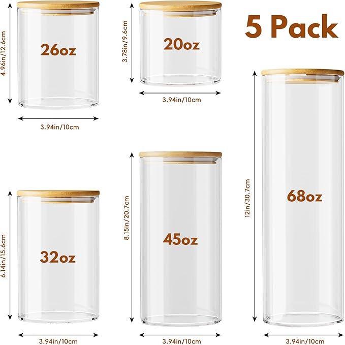 OneDream Glass Container - 5 Pack MultiSize Glass Jars with Bamboo Lid, Bamboo Lid Storage Jar Canister for Coffee Beans, Cereal, Pasta, Flour, Tea, Nuts, Candy, Salts and More - Image 3