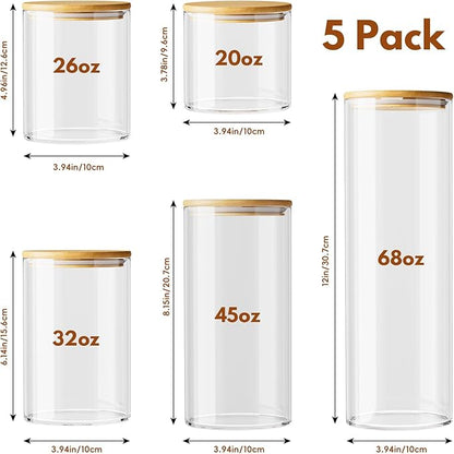 OneDream Glass Container - 5 Pack MultiSize Glass Jars with Bamboo Lid, Bamboo Lid Storage Jar Canister for Coffee Beans, Cereal, Pasta, Flour, Tea, Nuts, Candy, Salts and More - Image 3