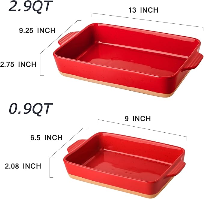 Ceramic Baking Casserole Dish with Handles, Large 9x13 inch Pan and Middle Baking Pan - Porcelain Serving Bakeware Set (Vintage Red) - Image 3