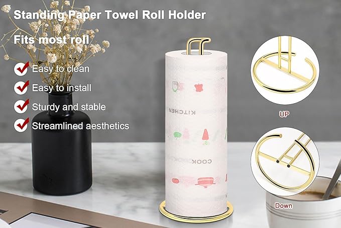 NearMoon Paper Towel Holder, Sturdy Paper Towel Stand Dispenser-All Metal, Standard or Jumbo-Sized for Kitchen Countertop, Farmhouse, Living Room (1 Pack, Gold) - Image 3