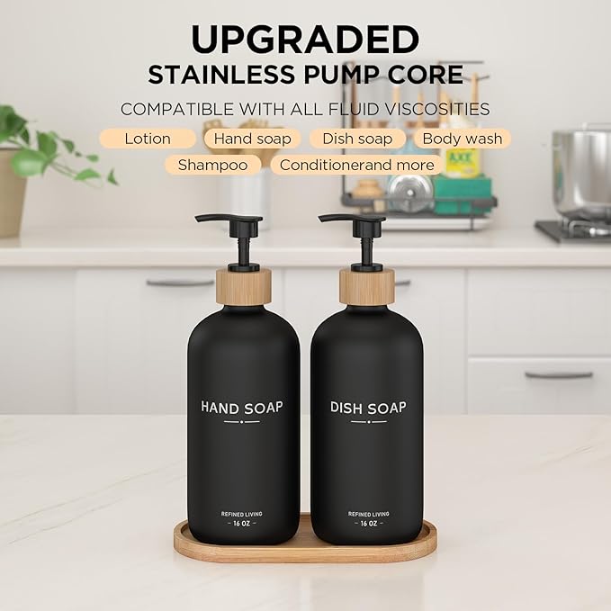 Hand and Dish Soap Dispenser Set,16oz Glass Bottles with Printed Labels, Bamboo Tray & Pump,Countertop Soap Dispensers for Kitchen,Luxury, Minimalist & Farmhouse Decor (Hand Dish (Black)) - Image 4