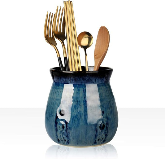 Ceramic Utensil Holder, Small Utensil Crock Ideal for Spoons, Forks and Knives, Easy to Clean 30 oz (Gradient Blue)
