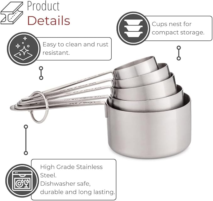 husMait Stainless Steel Measuring Cups - 5 Piece Heavy Duty Measuring Cup Set with Storage Ring - Image 5