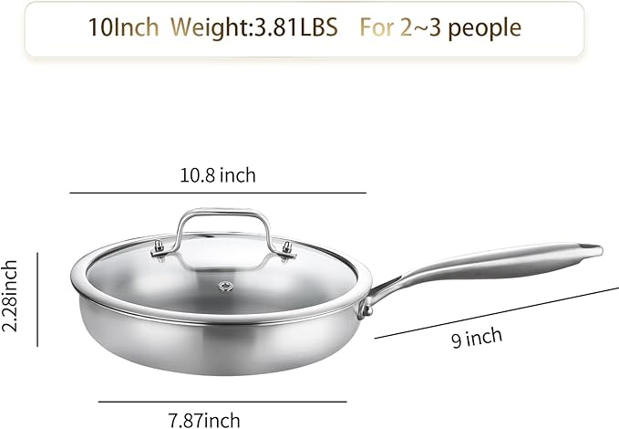 DELARLO Tri-Ply Stainless Steel Pan, 18/10 Frying Pan, Oven Safe Up to 600°F, Nontoxic Cookware, Compatible with All Cooktops Skillet, Durable, Fast Even Heat Fry Pan,9" Pan with Lid - Image 3