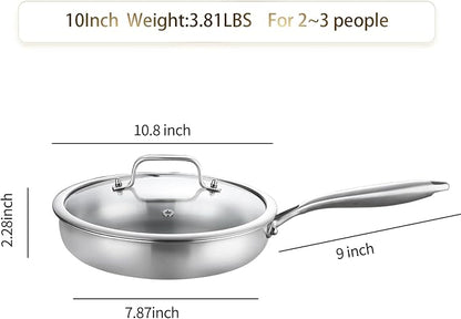 DELARLO Tri-Ply Stainless Steel Pan, 18/10 Frying Pan, Oven Safe Up to 600°F, Nontoxic Cookware, Compatible with All Cooktops Skillet, Durable, Fast Even Heat Fry Pan,9" Pan with Lid - Image 3