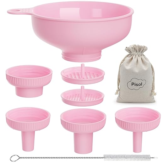 Pisol Wide Mouth Versatile Funnel, Canning Funnels for Kitchen Use, Food Grade Plastic Cooking Funnel Set with 4 Size Spouts and 2 Strainers for Filling Different Bottles and Bags, Pink
