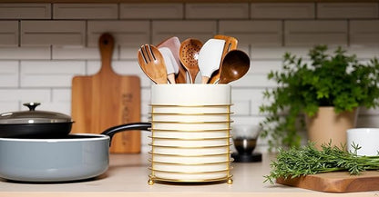 Utensil Holder for Kitchen Counter Large Cooking Utensil Holder,Gold Ring Metal Frame and White Ceramics