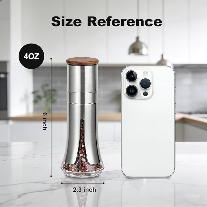 Aelga Pepper Mill - 4oz Stainless Steel Pepper Grinder Manual with 5-Level Adjustable Coarseness, Wood Lid, Silicone Funnel - Image 4
