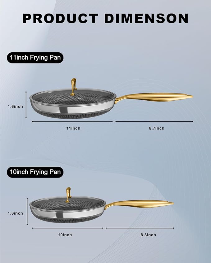 FogDream 10" 11" Stainless Steel Frying Pan with Lid, Honeycomb Hybrid Nonstick Skillet for Induction & All Cooktops, PFAS/PFOA/PTFE Free, Oven Safe to 500°F, Stay-Cool Handle, Dishwasher Safe, Gold - Image 6