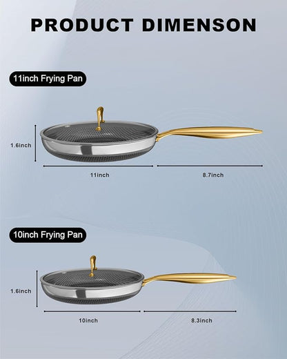 FogDream 10" 11" Stainless Steel Frying Pan with Lid, Honeycomb Hybrid Nonstick Skillet for Induction & All Cooktops, PFAS/PFOA/PTFE Free, Oven Safe to 500°F, Stay-Cool Handle, Dishwasher Safe, Gold - Image 6