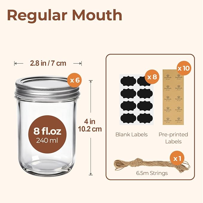 ComSaf Small Mason Jars 8 oz 6Pcs, Half Pint Regular Mouth Mason Jar with Lids and Seal Bands, Glass Canning Jars for Jam, Jelly, Spice, Meal Prep, Honey, Shower Wedding Favors, DIY Candles Decor - Image 2